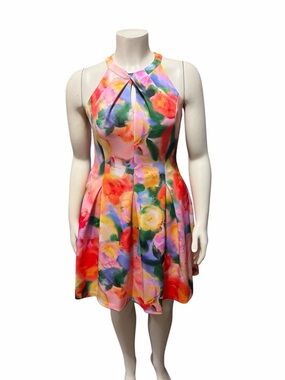 Vince Camuto Sz 12 Watercolor Floral Print Fit & Flare Mini Dress Sleeveless